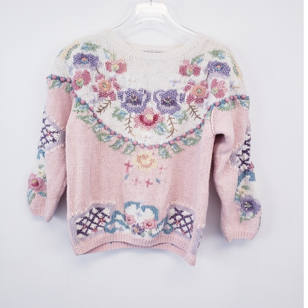 Vintage Handknit Sweater Pink Floral Embroidered Knit Pom Pom Pullover Medium